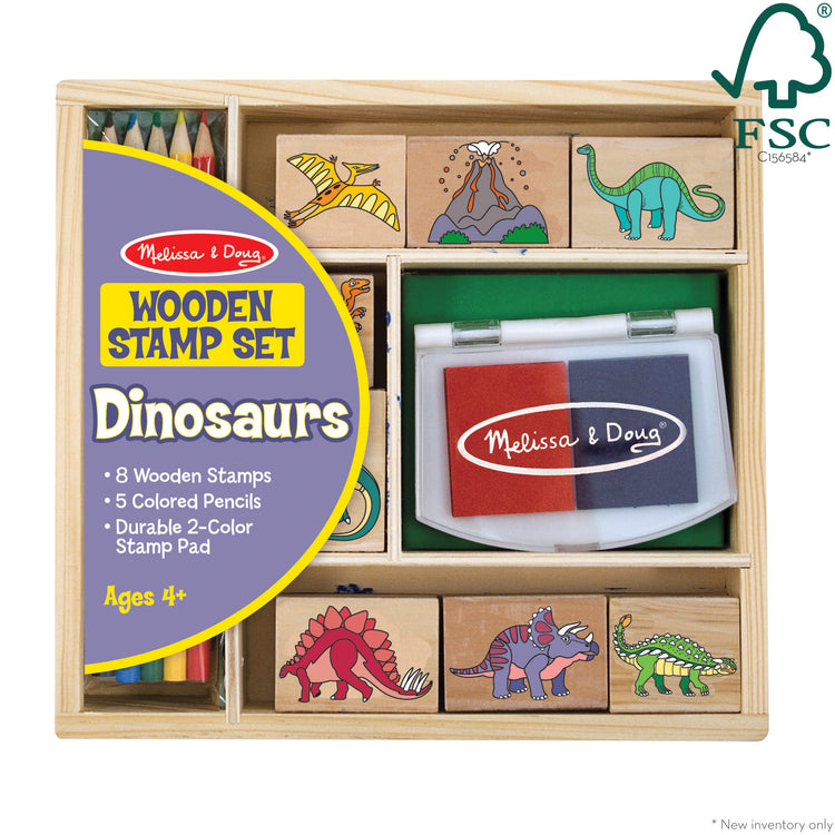 The front of the box for The Melissa & Doug Wooden Stamp Set: Dinosaurs - 8 Stamps, 5 Colored Pencils, 2-Color Stamp Pad