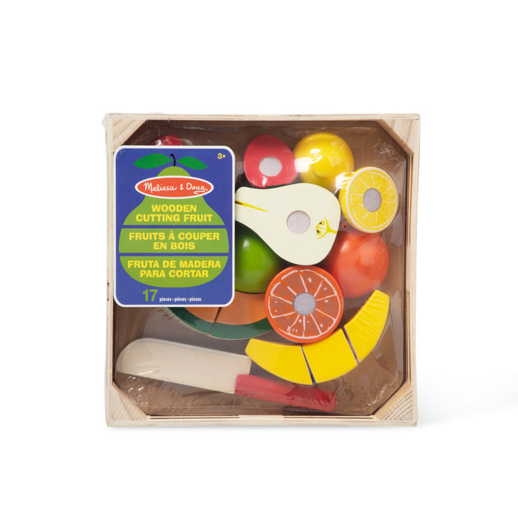 The front of the box for The Melissa & Doug Cutting Fruit Set - Wooden Play Food Kitchen Accessory, Multi