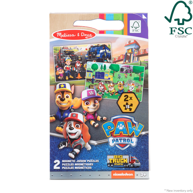 The front of the box for The Melissa & Doug PAW Patrol Take-Along Magnetic Jigsaw Puzzles - Big Truck Pups (2 15-Piece Puzzles)