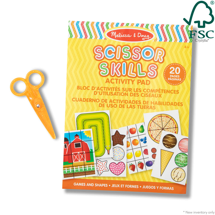 The loose pieces of The Melissa & Doug Scissor Skills Activity Book With Pair of Child-Safe Scissors (20 Pages)