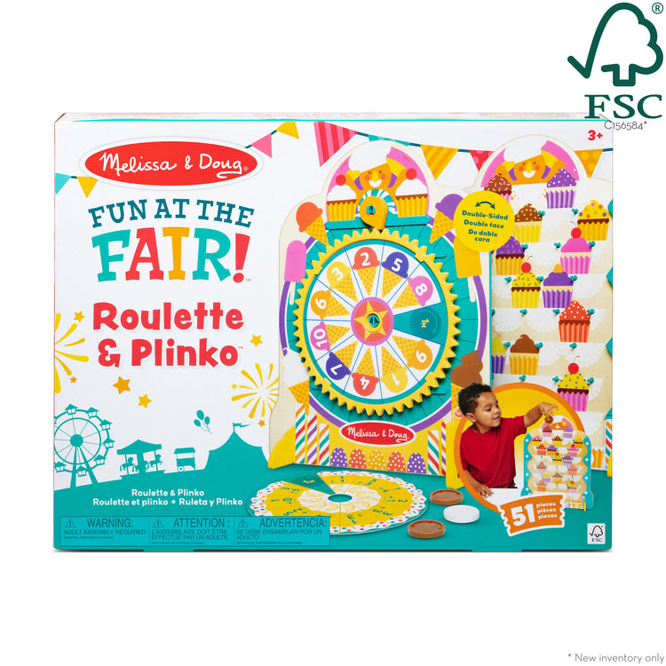The front of the box for The Melissa & Doug Fun at the Fair! Wooden Double-Sided Roulette & Plinko Games