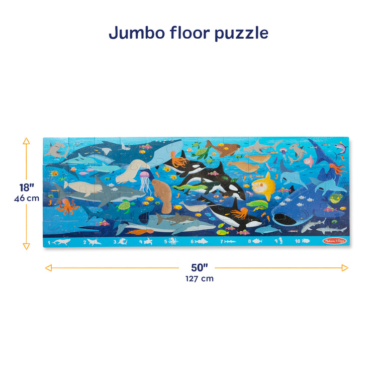 The front of the box for The Melissa & Doug Beneath the Waves, Ocean-Themed Search and Find Jumbo Floor Puzzle, 48-Piece Jigsaw Puzzle with Learning Activity, Over 4 Ft Long, Kids Puzzles for Girls & Boys Ages 3 and Up