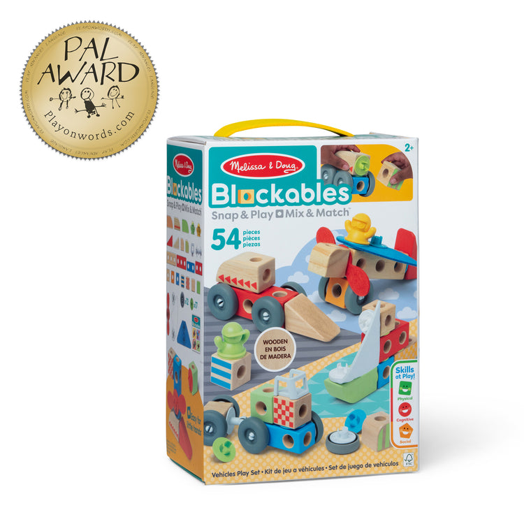 The front of the box for The Melissa & Doug Blockables™ Vehicles Snap And Play, Mix And Match Connectable Wooden Building Blocks Play Set Toy for Preschool Boys And Girls (54 Pcs)