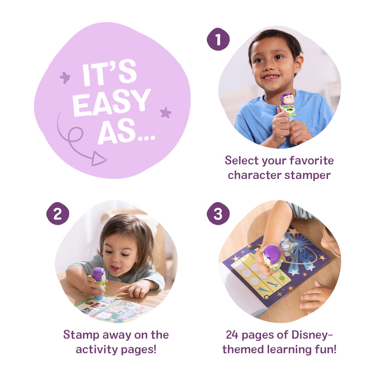 The loose pieces of The Melissa & Doug Sticker Wow!™ 24-Page Activity Pad and Sticker Stamper, 300 Stickers, Arts and Crafts Fidget Toy Collectible Character – Disney Buzz Lightyear - for Kids Ages 3+