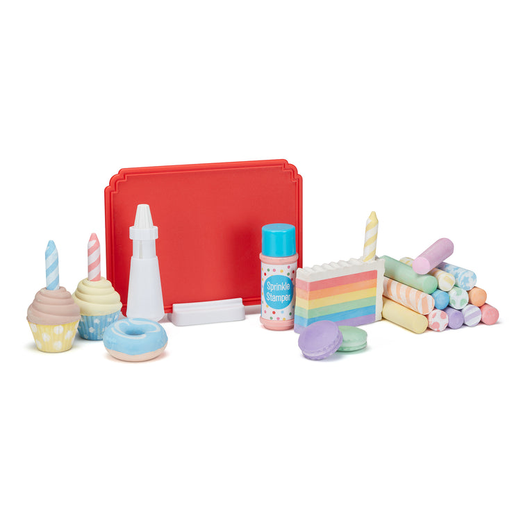 The loose pieces of The Melissa & Doug Sweet Shop Multi-Colored Chalk and Holders Play Set - 33 Pieces, Great Gift for Girls and Boys