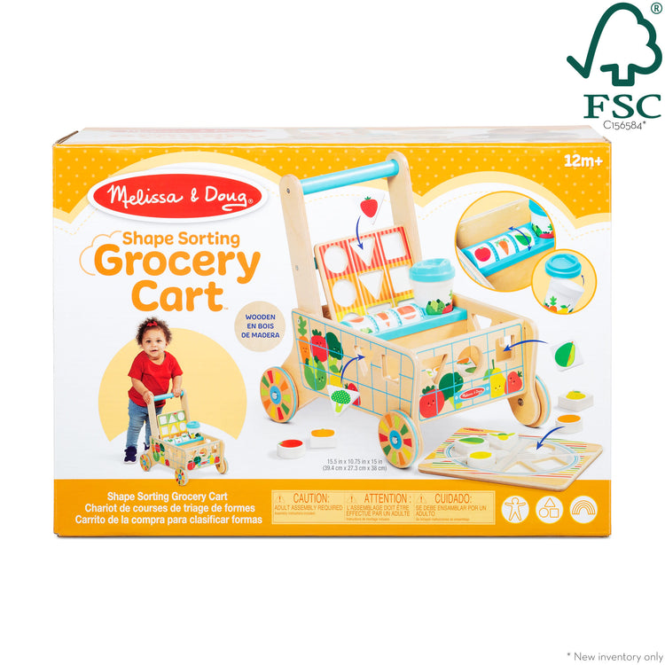 The front of the box for The Melissa & Doug Wooden Shape Sorting Grocery Cart Push Toy and Puzzles