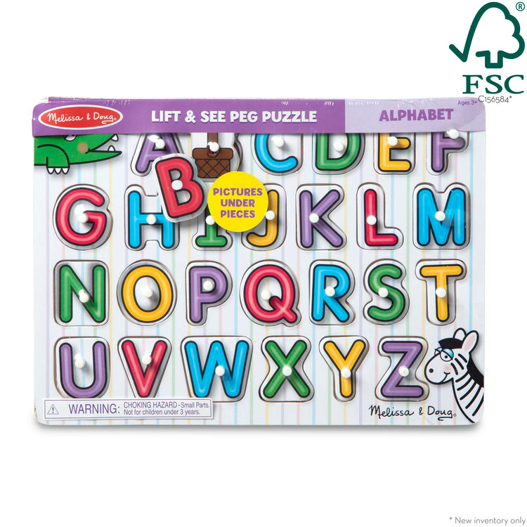 The front of the box for The Melissa & Doug Lift & See Alphabet Wooden Peg Puzzle (26 pcs)