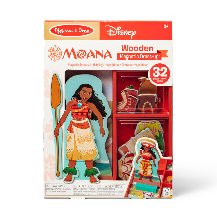 The front of the box for The Melissa & Doug Disney Princess Moana Magnetic Dress-Up Wooden Doll Pretend Play Set (30+ pcs)
