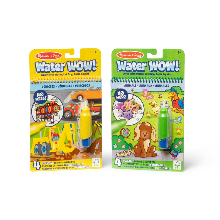 The front of the box for The Melissa & Doug Water WOW! 2-Pack – Animals, Vehicles Water-Reveal Travel Activity Pads 