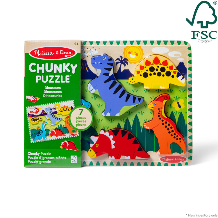 The front of the box for The Melissa & Doug Dinosaur Wooden Chunky Puzzle (7 pcs)