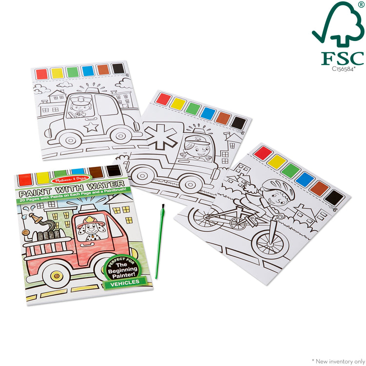 The loose pieces of The Melissa & Doug Paint With Water - Vehicles, 20 Perforated Pages With Spillproof Palettes