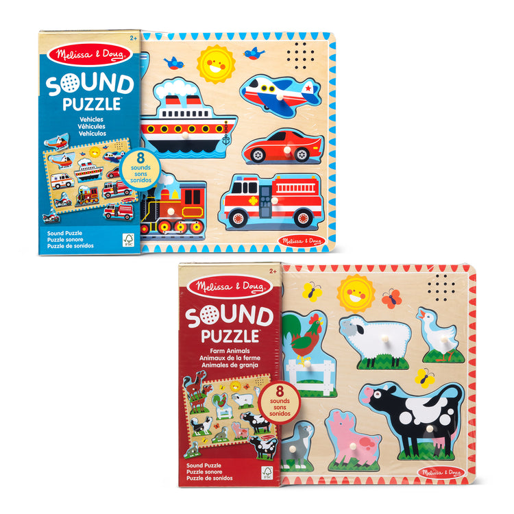 The front of the box for The Melissa & Doug Wooden Sound Puzzle 2-Pack for Toddler and Preschool Boys and Girls – Farm Animals, Vehicles