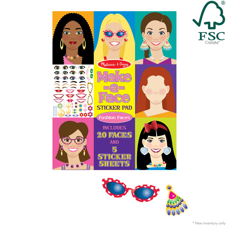 The loose pieces of The Melissa & Doug Make-a-Face Sticker Pad - Fashion Faces, 20 Faces, 5 Sticker Sheets