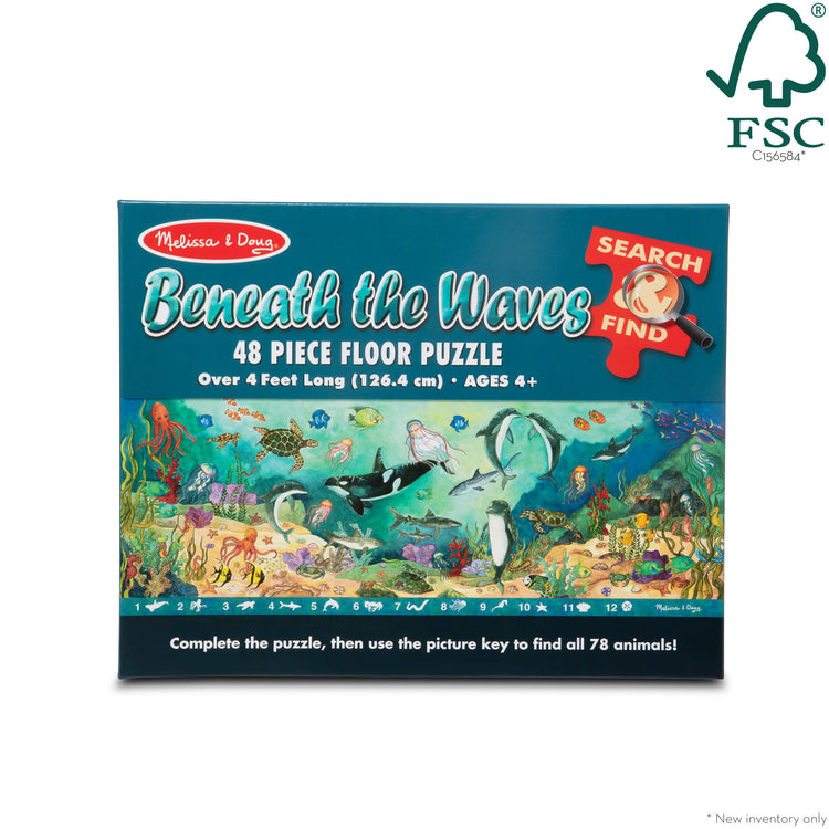 The front of the box for The Melissa & Doug Search and Find Beneath the Waves Floor Puzzle (48 pcs, over 4 feet long)