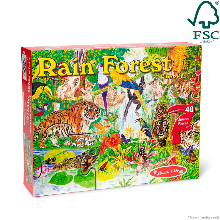 The front of the box for The Melissa & Doug Rainforest Floor Puzzle (48 pcs, 2 x 3 feet)