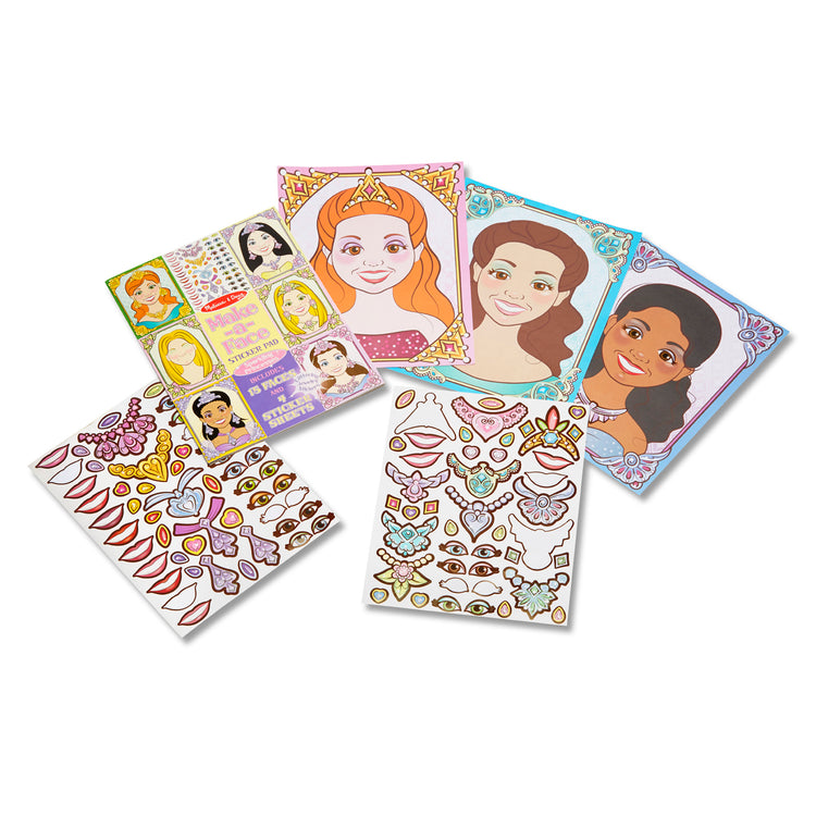 The loose pieces of The Melissa & Doug Make-a-Face Sticker Pad: Sparkling Princesses - 15 Faces, 4 Sticker Sheets