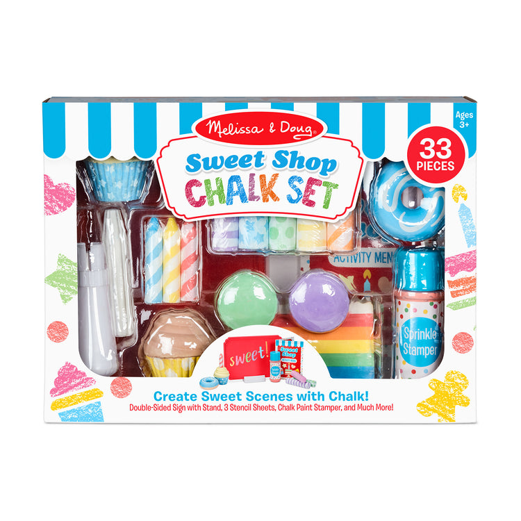 The front of the box for The Melissa & Doug Sweet Shop Multi-Colored Chalk and Holders Play Set - 33 Pieces, Great Gift for Girls and Boys
