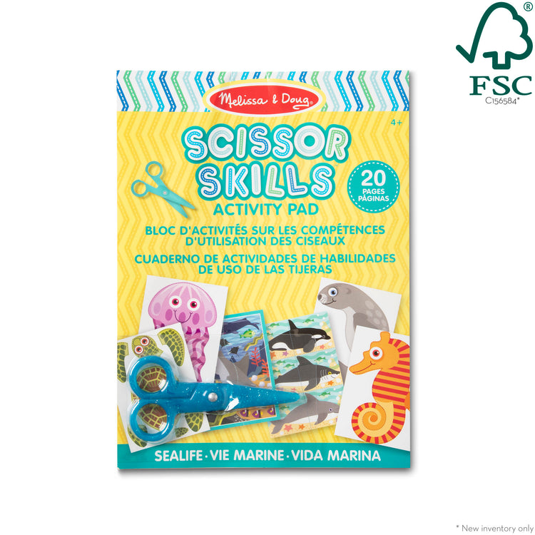 The front of the box for The Melissa & Doug Sea Life Scissor Skills Activity Pad with Child-Safe Scissors – 20 Pages
