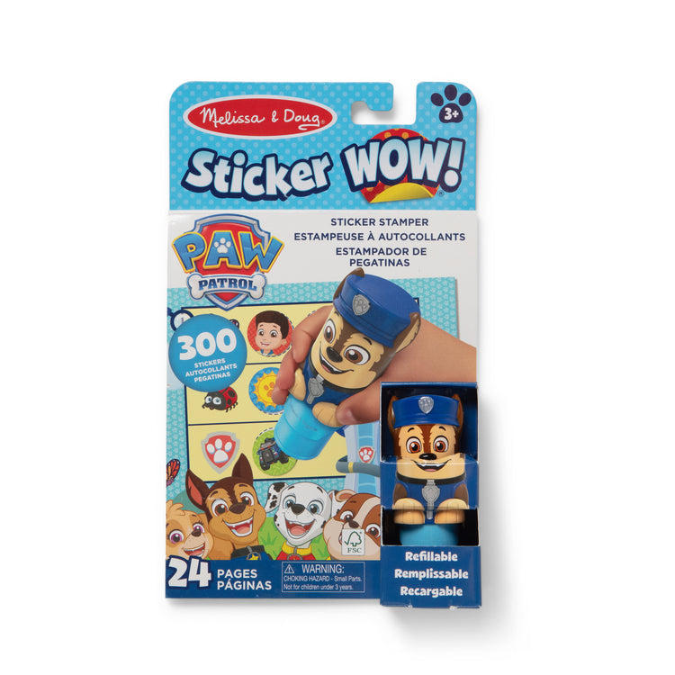 The loose pieces of The Melissa & Doug Sticker WOW!™ 24-Page Activity Pad and Sticker Stamper, 300 Stickers, Arts and Crafts Fidget Toy Collectible Character – PAW Patrol Chase
