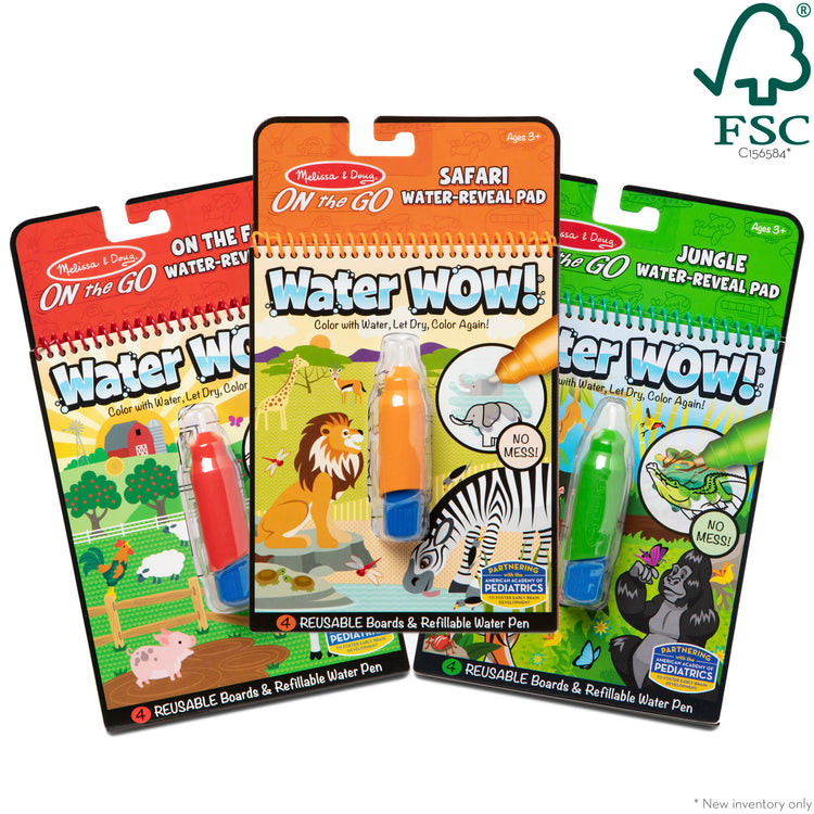 The front of the box for The Melissa & Doug On the Go Water Wow! Reusable Color with Water Activity Pad 3-Pack, Jungle, Safari, Farm