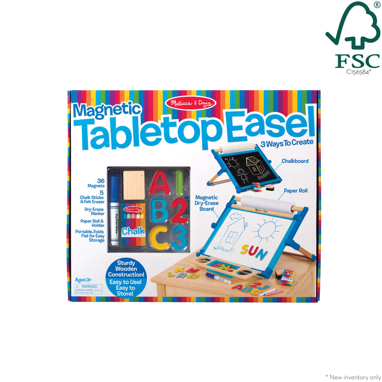 The front of the box for The Melissa & Doug Double-Sided Magnetic Tabletop Art Easel - Dry-Erase Board and Chalkboard