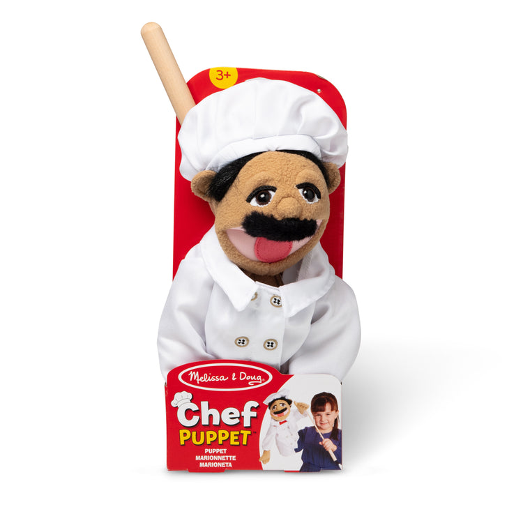 The front of the box for The Melissa & Doug Chef Puppet (Al Dente) with Detachable Wooden Rod
