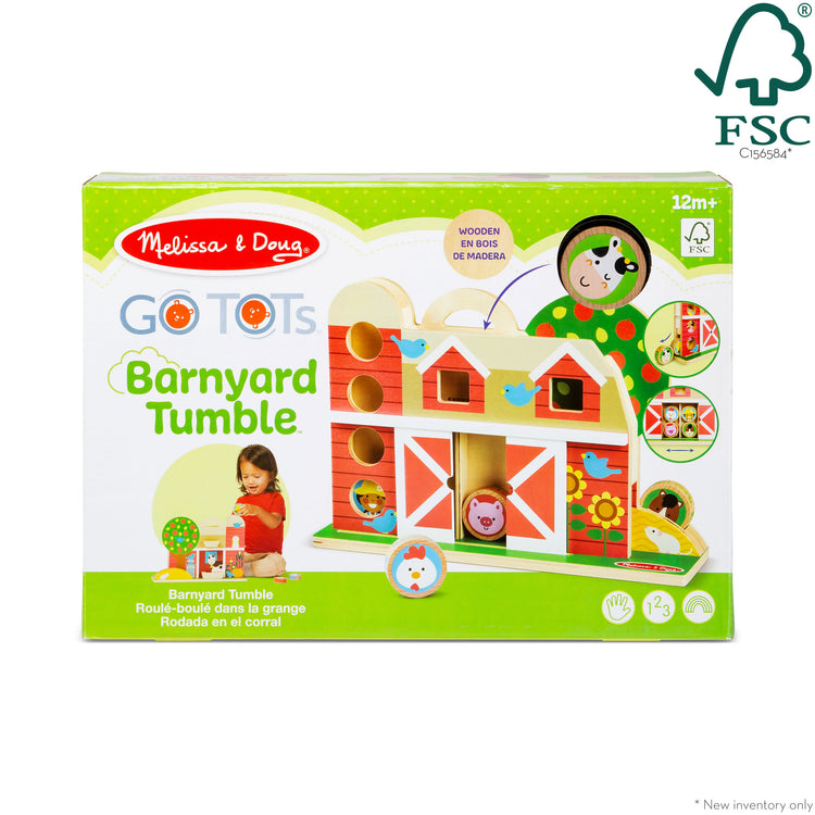 The front of the box for The Melissa & Doug GO Tots Wooden Barnyard Tumble with 4 Disks