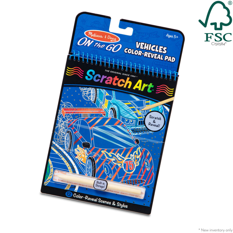 The front of the box for The Melissa & Doug On the Go Scratch Art Color-Reveal Pad - Vehicles