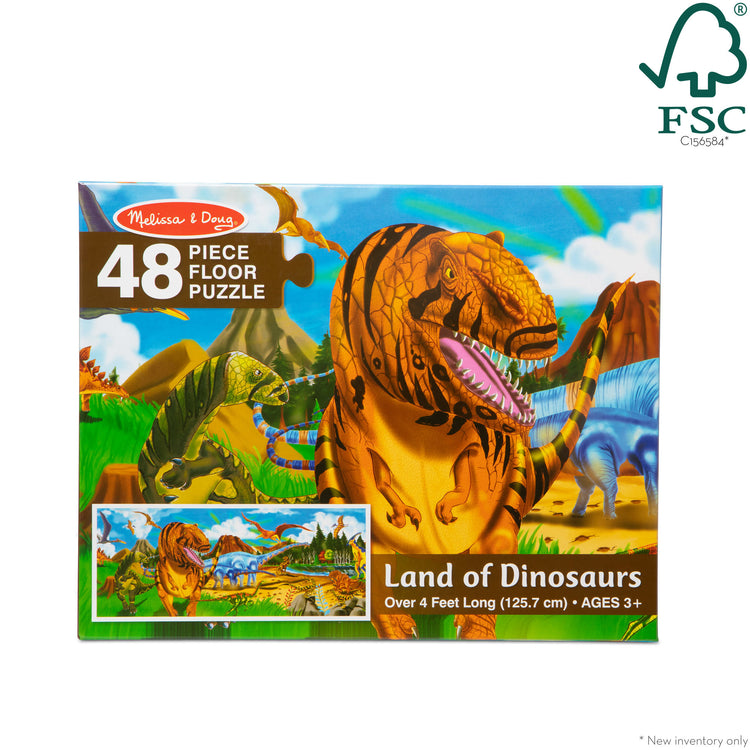 The front of the box for The Melissa & Doug Land of Dinosaurs Floor Puzzle (48 pcs, 4 feet long)
