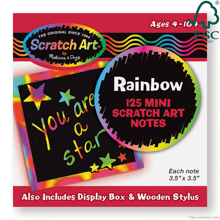 The front of the box for The Melissa & Doug Scratch Art Rainbow Mini Notes (125) With Wooden Stylus