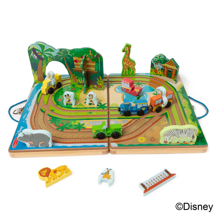 The loose pieces of The Melissa & Doug Disney Take-Along Safari Adventure Wooden Play Set with Built-In Tracks – 20 Pieces | Mickey Mouse, Minnie, Wooden Toy for Boys and for Girls 3+
