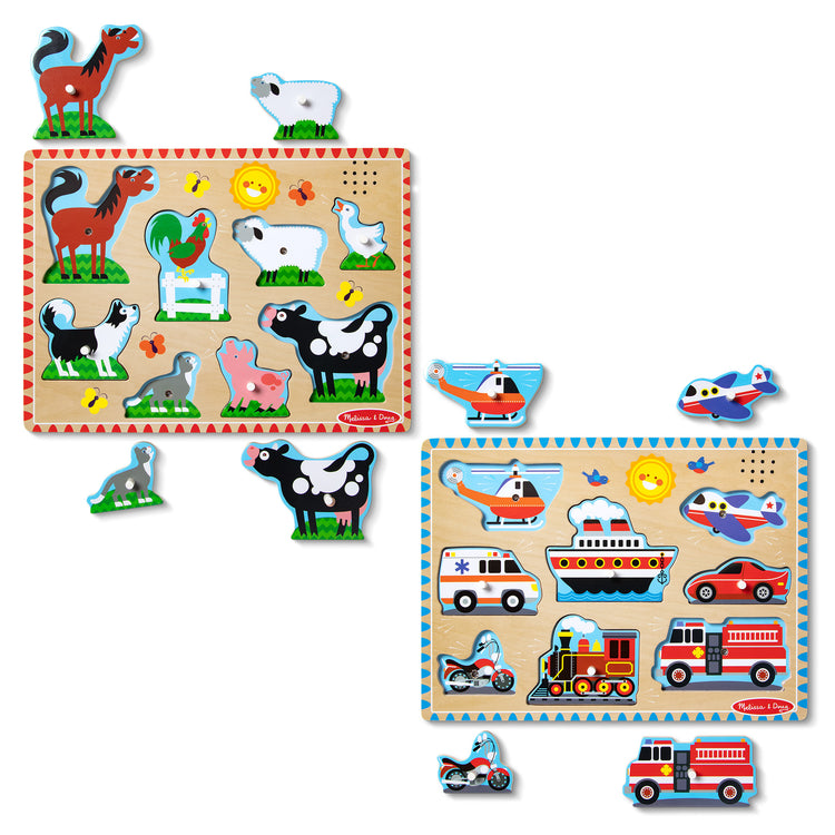 The loose pieces of The Melissa & Doug Wooden Sound Puzzle 2-Pack for Toddler and Preschool Boys and Girls – Farm Animals, Vehicles