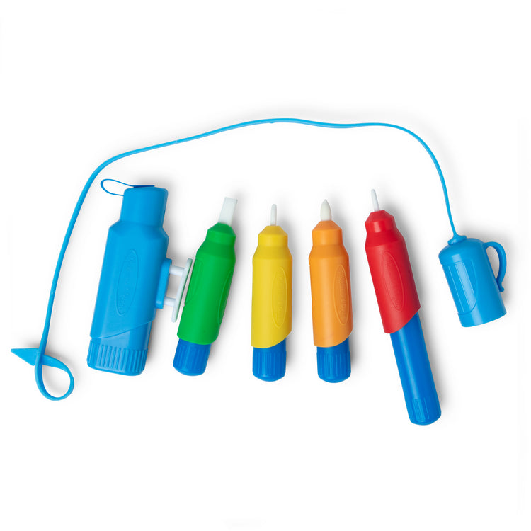 A kid playing with The Melissa & Doug Water WOW! Pen Pack - 4 Color-with-Water Pens, Sprayer, Tether Cap