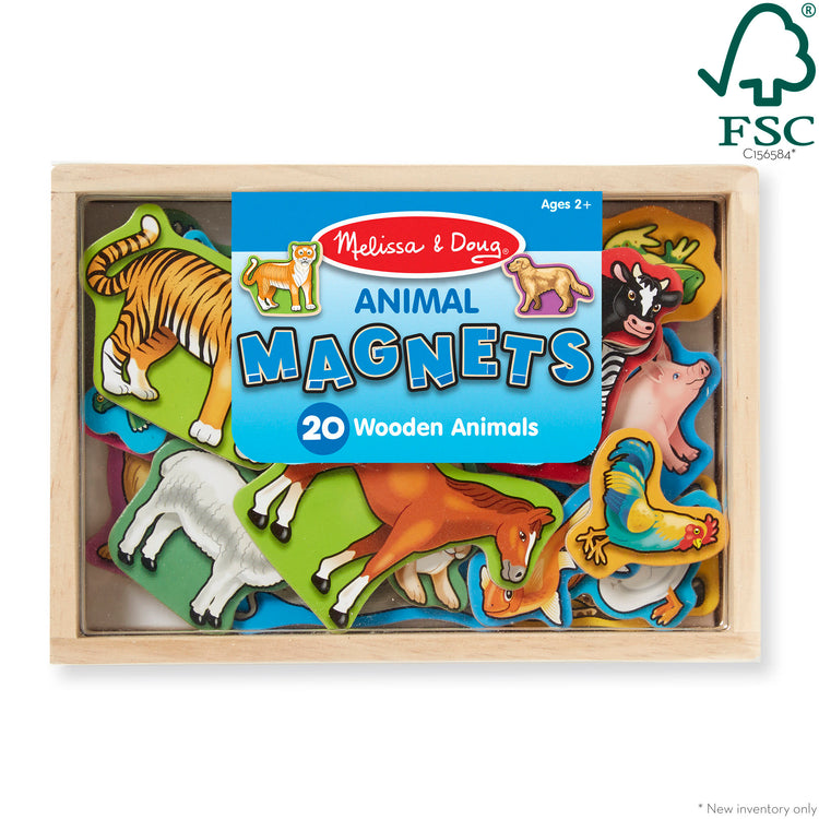 The front of the box for The Melissa & Doug 20 Wooden Animal Magnets in a Box