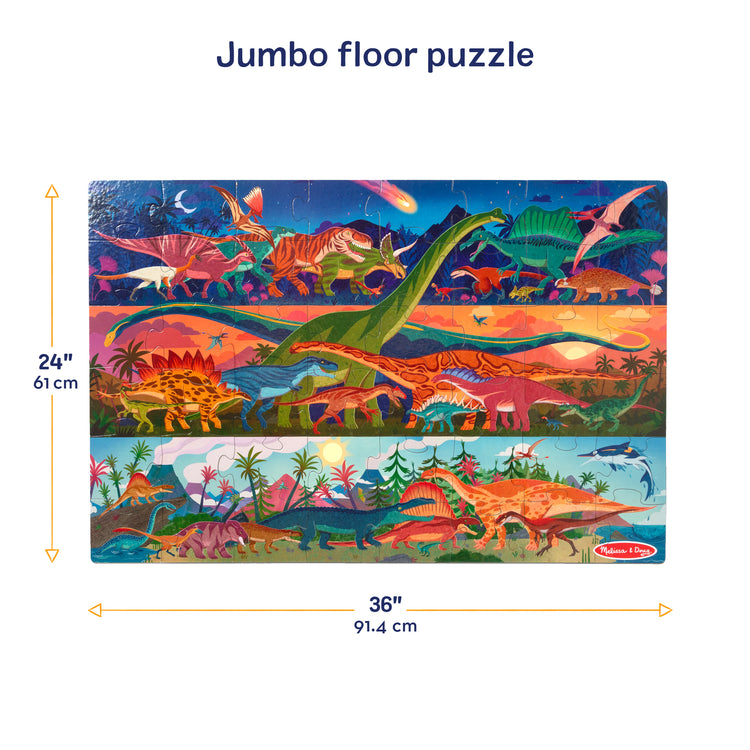 A kid playing with The Melissa & Doug Dinosaurs Jumbo Floor Puzzle, 48-Piece Prehistoric-Themed Jigsaw Puzzle with Dinosaurs and Illustrated Guide, 3 x 2 Foot Kids Puzzles for Toddlers Ages 3+