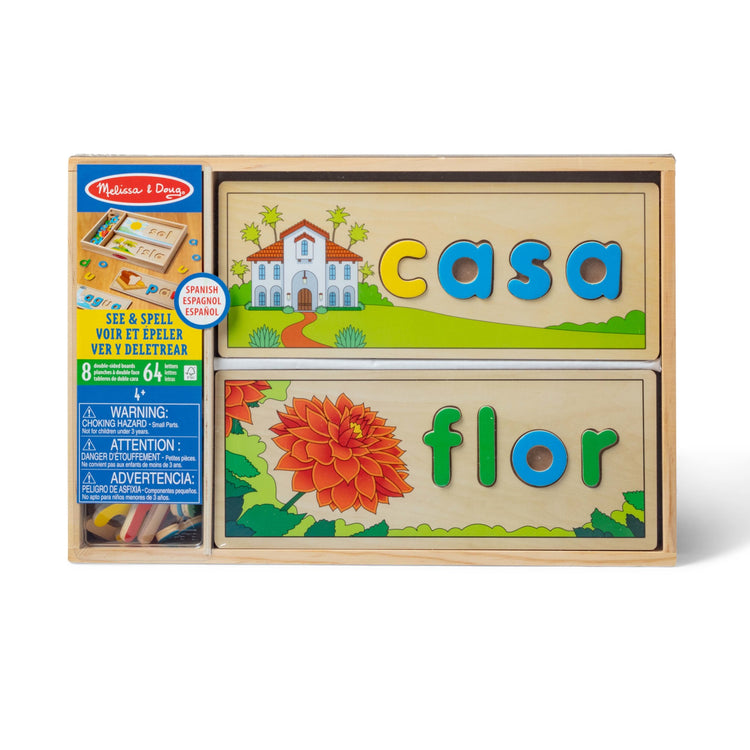 A kid playing with The Melissa & Doug Spanish See & Spell Educational Language Learning Toy