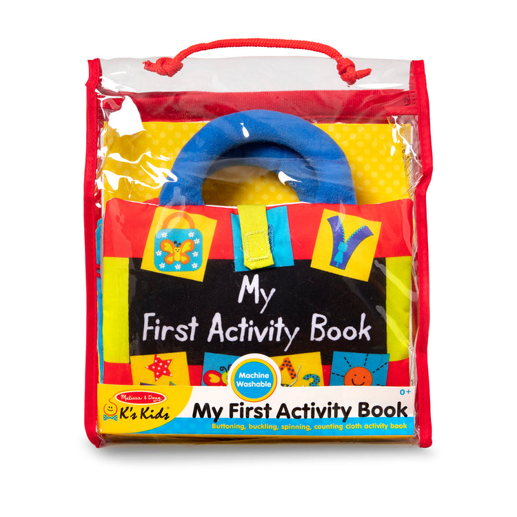 The front of the box for The Melissa & Doug K’s Kids My First Activity Book 8-Page Soft Book for Babies and Toddlers