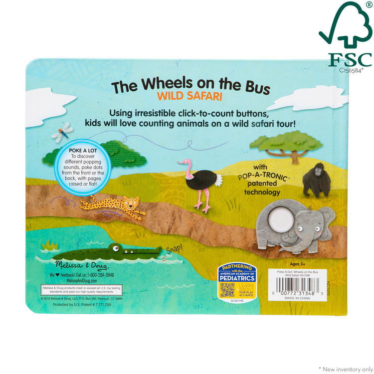 The front of the box for The Melissa & Doug Children's Book - Poke-a-Dot: The Wheels on the Bus Wild Safari (Board Book with Buttons to Pop)