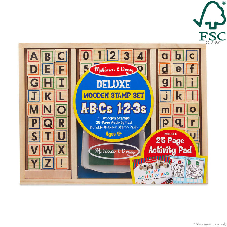 The front of the box for The Melissa & Doug Deluxe Letters and Numbers Wooden Stamp Set ABCs 123s With Activity Book, 4-Color Stamp Pad