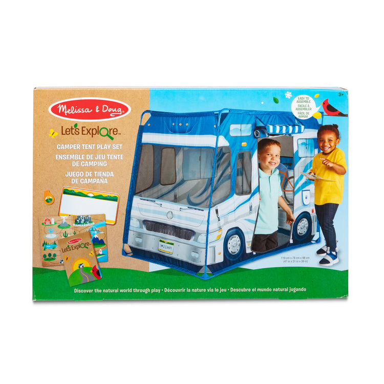 The front of the box for The Melissa & Doug Let’s Explore Camper Tent Play Set – 47” x 31” x 39” Assembled