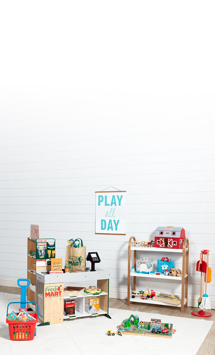 Playroom with Fresh Mart Grocery Store, play food, grocery basket, and dust sweep mop toy