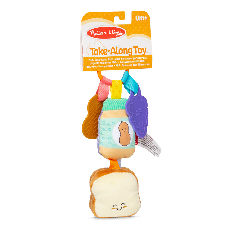 The front of the box for The Melissa & Doug Multi-Sensory PB&J Take-Along Clip-On Infant Toy