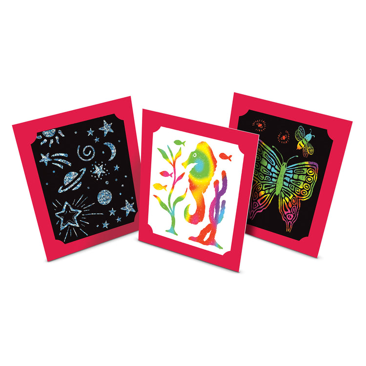 An assembled or decorated The Melissa & Doug Deluxe Combo Scratch Art Set: 16 Boards, 2 Stylus Tools, 3 Frames
