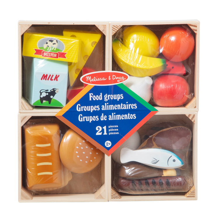 The front of the box for The Melissa & Doug Food Groups - 21 Wooden Pieces and 4 Crates, Multi
