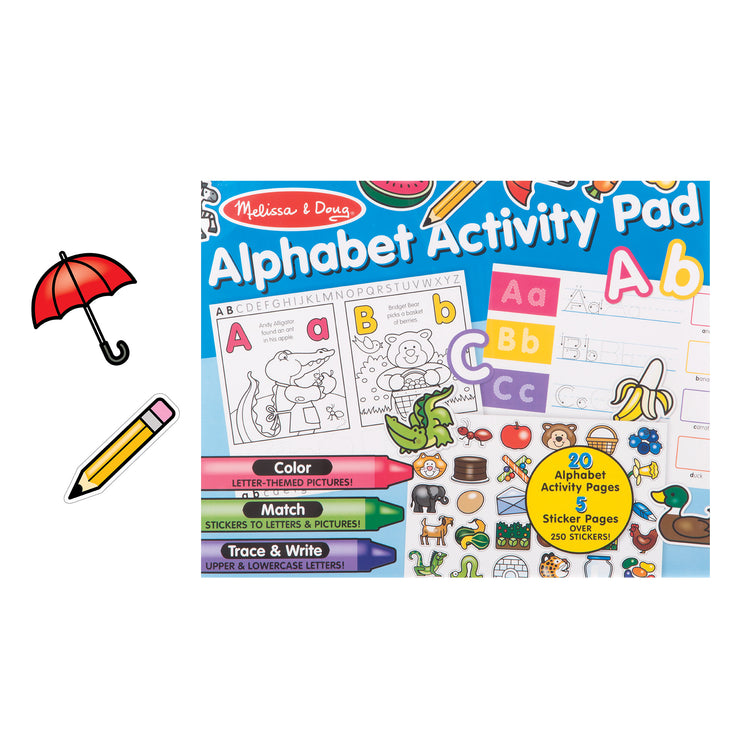 The loose pieces of The Melissa & Doug Alphabet Activity Sticker Pad for Coloring, Letters (250+ Stickers)