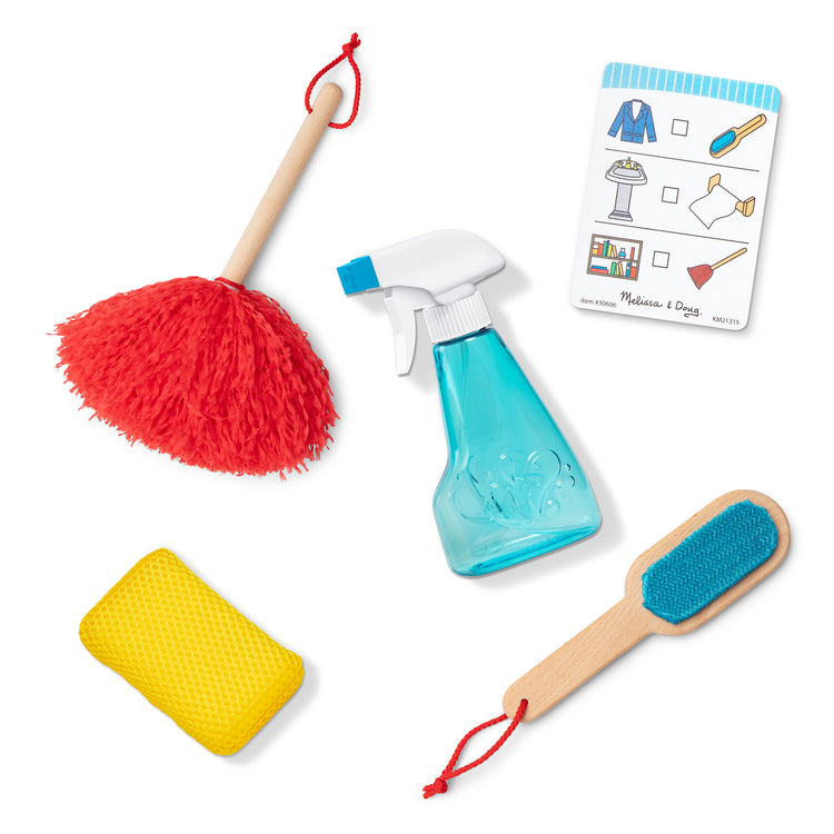 The loose pieces of The Melissa & Doug Deluxe Sparkle & Shine Cleaning Play Set (11 Pieces)