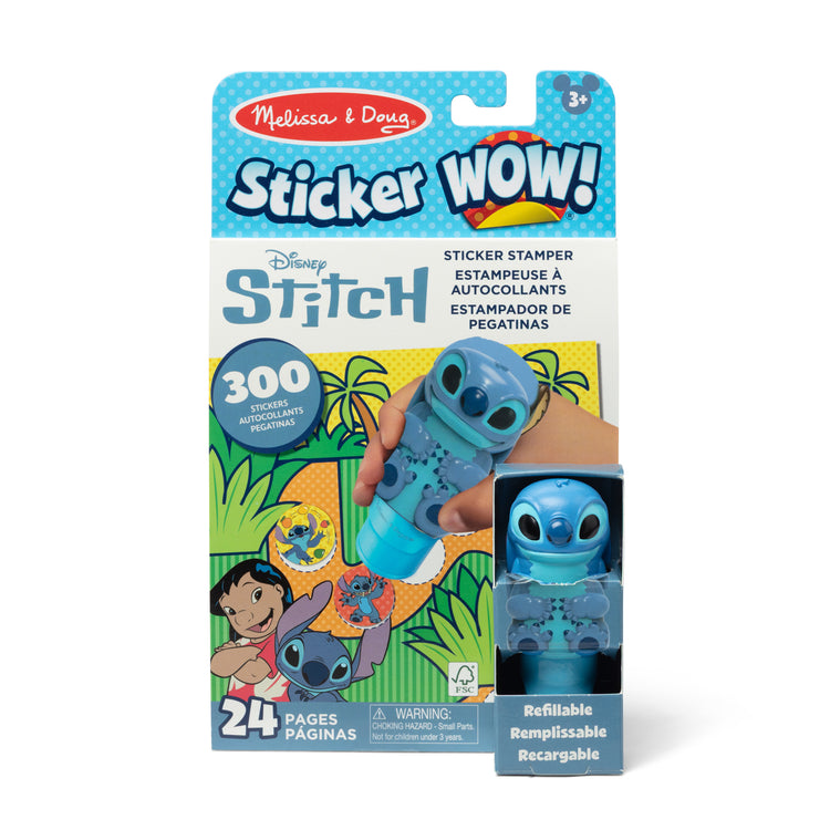The front of the box for The Melissa & Doug Sticker WOW! Disney Stitch 24-Page Activity Pad with 300 Stickers - For Ages 3+