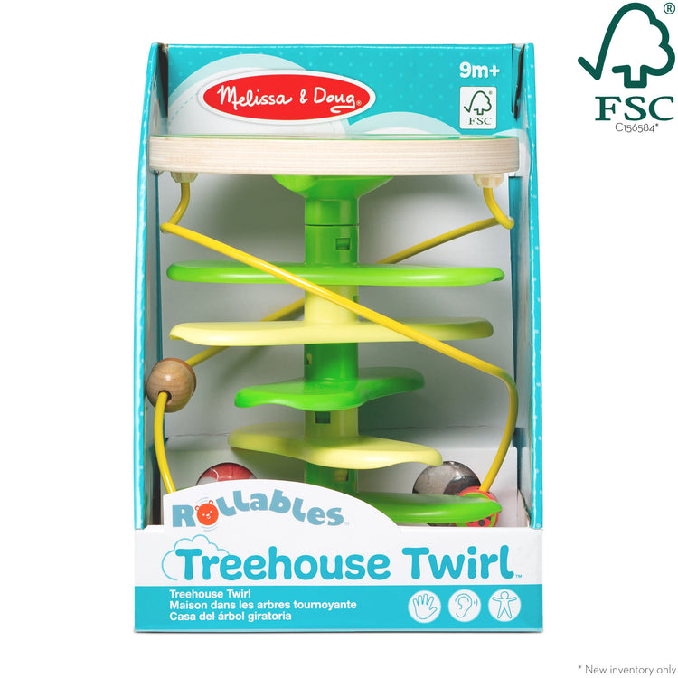 The front of the box for The Melissa & Doug Rollables Treehouse Twirl Infant and Toddler Toy (3 Pieces)