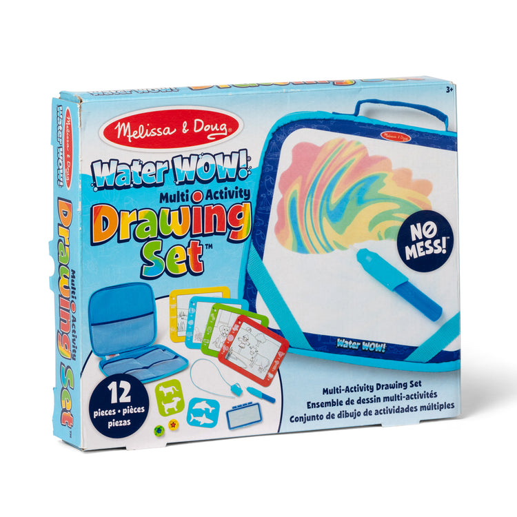 The front of the box for The Melissa & Doug Water WOW! Water WOW! Take-Along Multi-Activity Color-Reveal Drawing Set Travel Toy Ages 3+