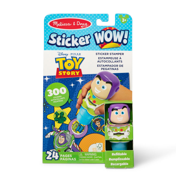 The front of the box for The Melissa & Doug Sticker Wow!™ 24-Page Activity Pad and Sticker Stamper, 300 Stickers, Arts and Crafts Fidget Toy Collectible Character – Disney Buzz Lightyear - for Kids Ages 3+